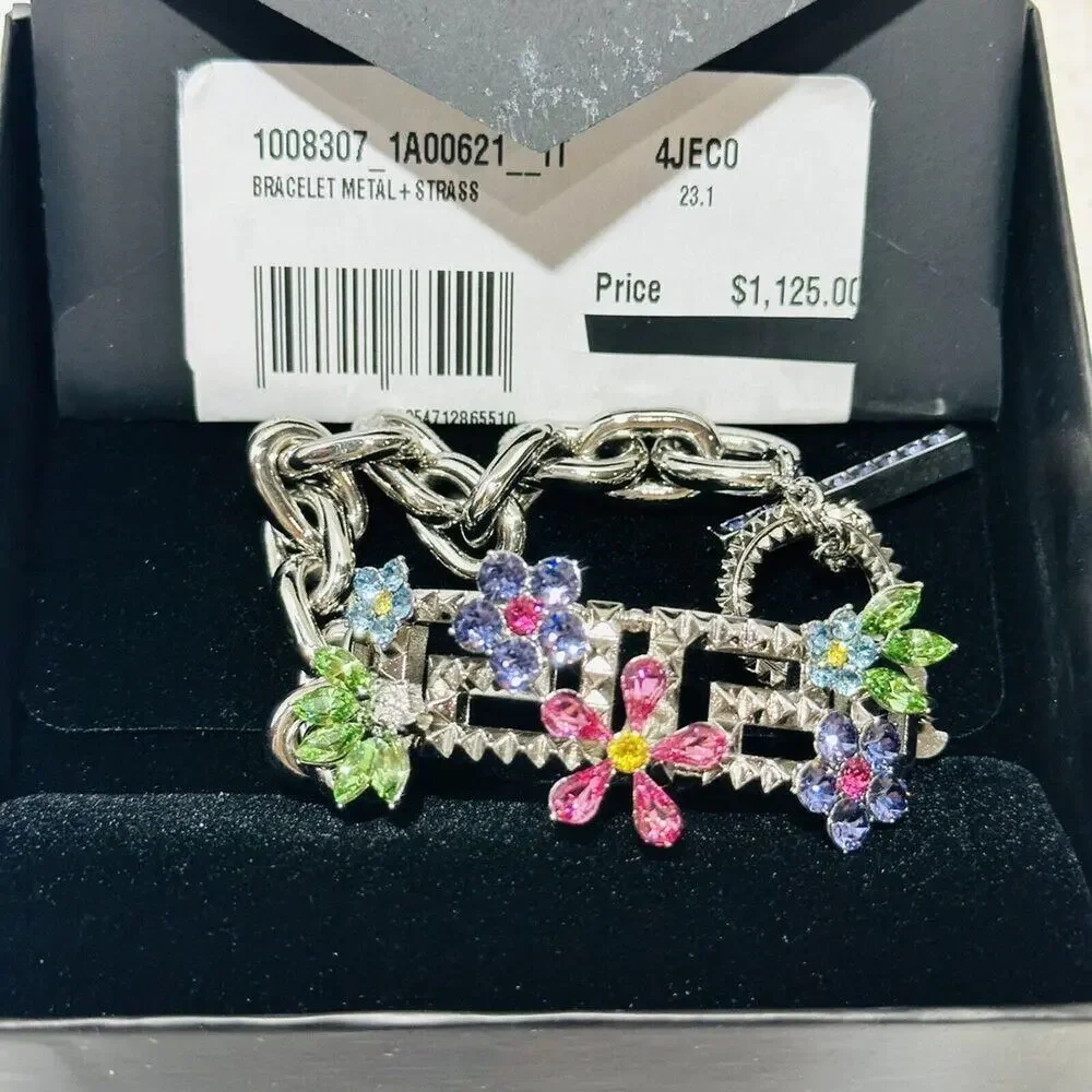 NIB Versace Multicolor Crystal Flower Bloom Greca Bracelet Silver Tone L $1,125